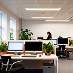**Image Prompt:** Interior of a modern Swedish office space. Sound-absorbing panels on the walls, ergonomic chairs, and plants. A diverse group of employees are working at their desks, some with noise-canceling headphones. Soft, diffused lighting. Focus on creating a calm and productive atmosphere.