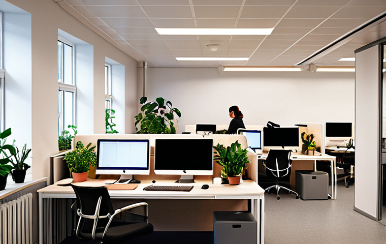 **Image Prompt:** Interior of a modern Swedish office space. Sound-absorbing panels on the walls, ergonomic chairs, and plants. A diverse group of employees are working at their desks, some with noise-canceling headphones. Soft, diffused lighting. Focus on creating a calm and productive atmosphere.